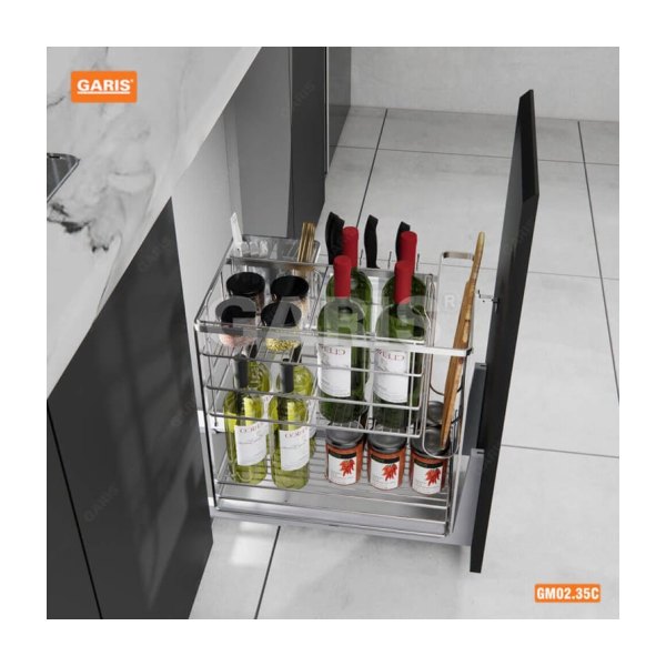 Giá Dao Thớt Gia Vị Chai Lọ GARIS GM02.35C Inox Mạ Chrome Nan Vuông Cánh Kéo 350mm